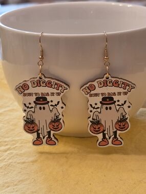 "No Diggity" Ghost Earrings -  Halloween Accessory in Orange, Black & White